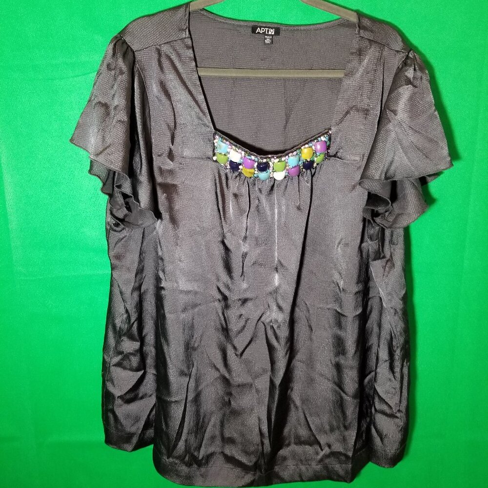 APT 9 Womans 2X Flutter Sleeve Blouse Beaded Embellished Charcoal Gray Boho